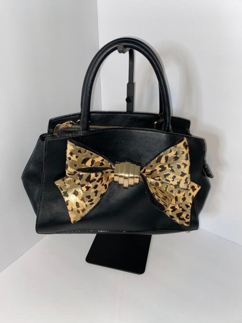 Betsey Johnson Black Satchel Handbag with Leopard Bow Accent